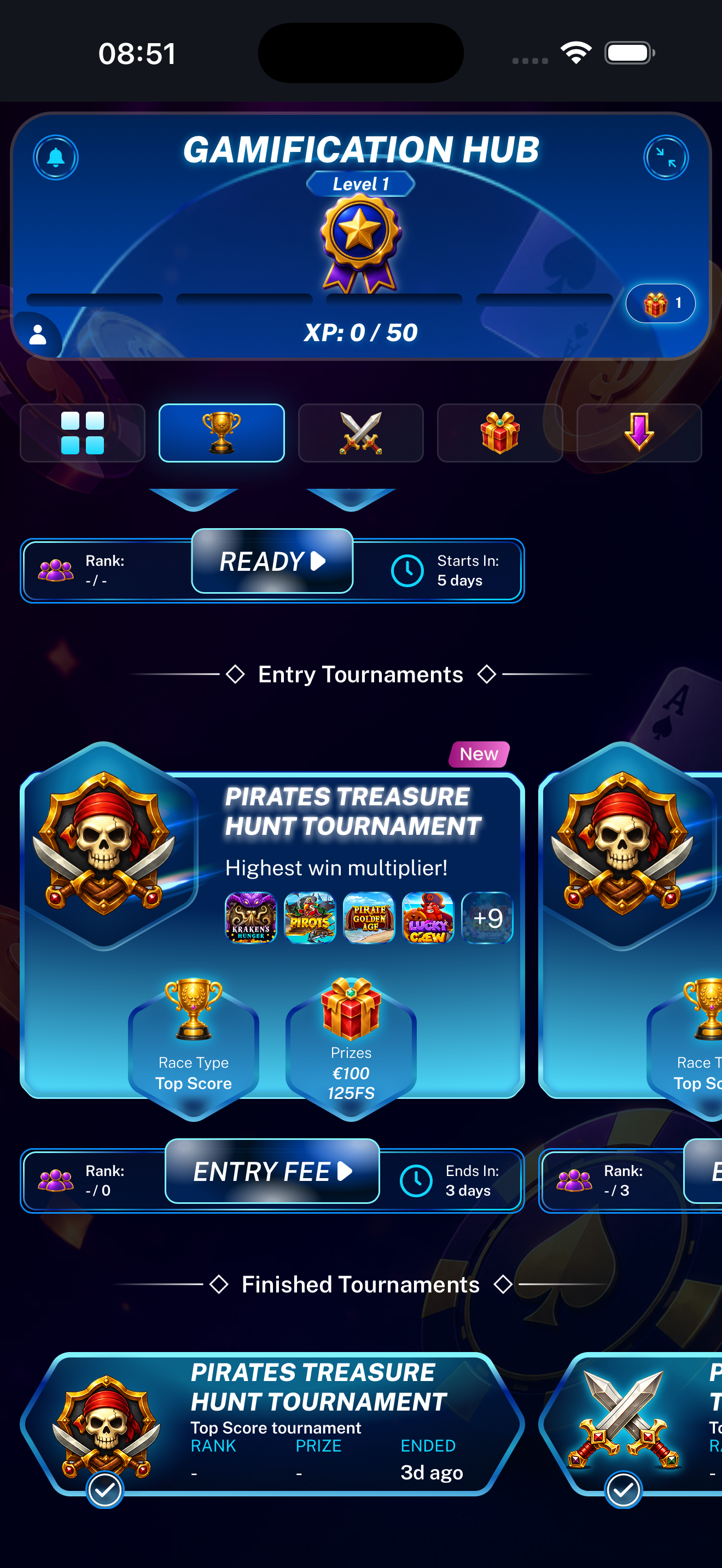 Additional Tournaments landing page displayed on a mobile phone